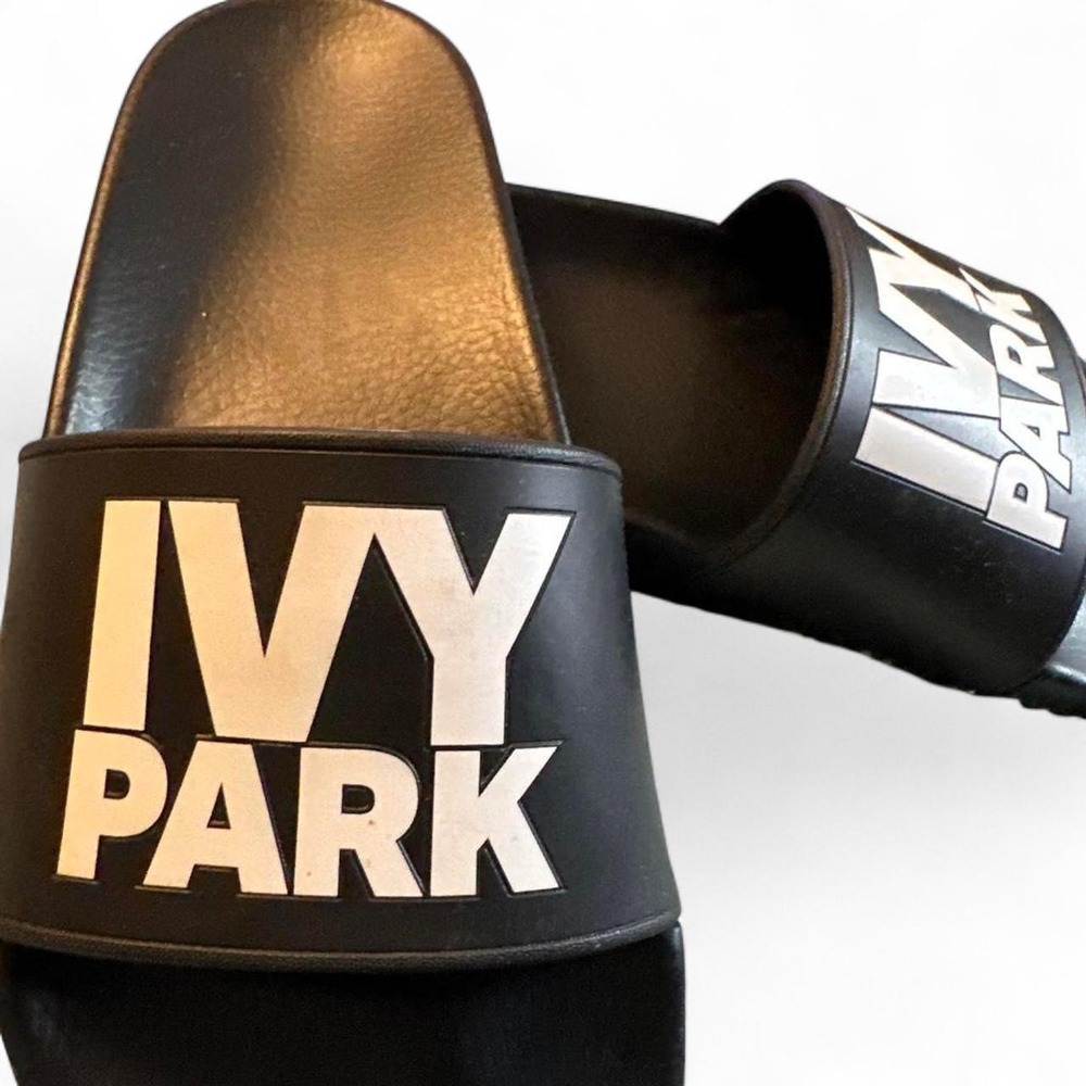 Ivy Park Black Slides White Logo Sandals Beyonce Womens Size 9.5